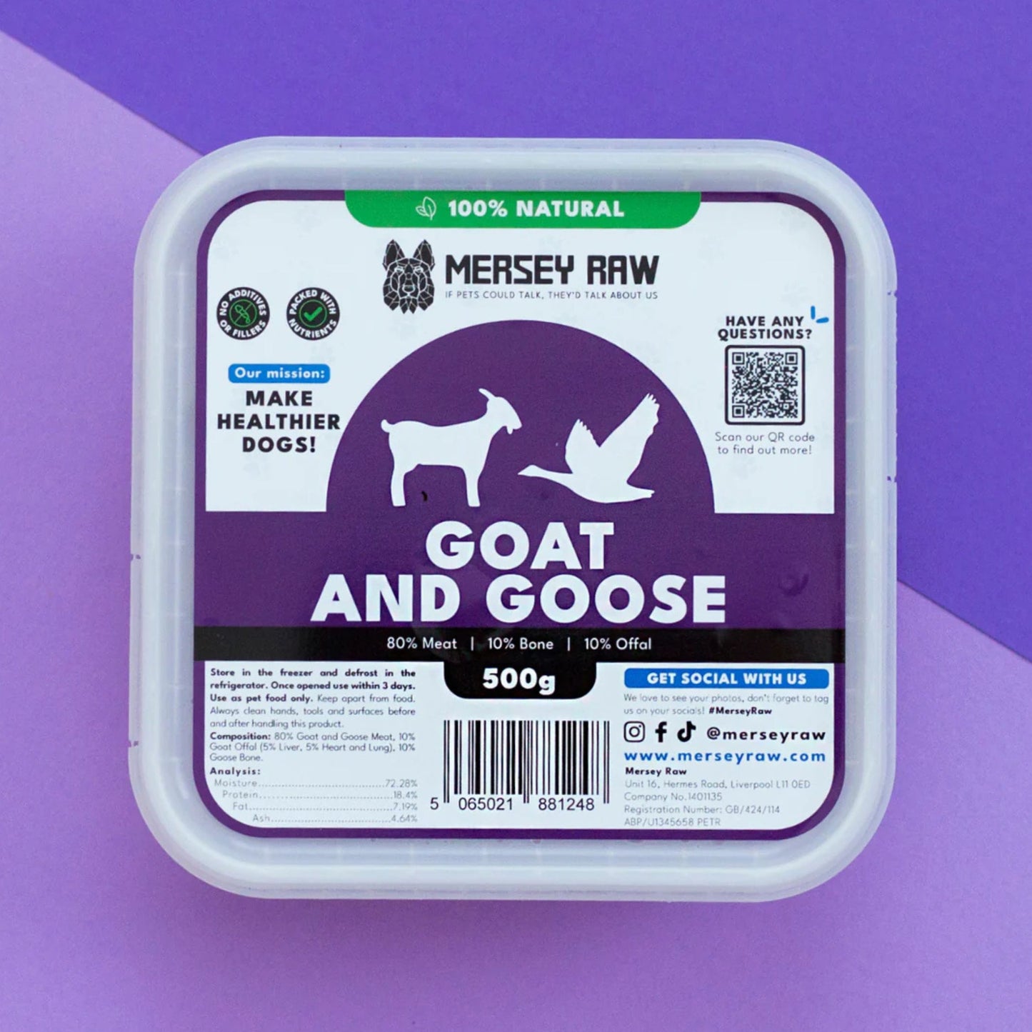 Mersey Raw Goat and Goose dog food in a square white plastic tub with a purple and white label, shown against a purple background.