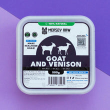 Mersey Raw Goat and Venison dog food in a square white plastic tub with a detailed black, white, and green label, set against a purple and lavender background.