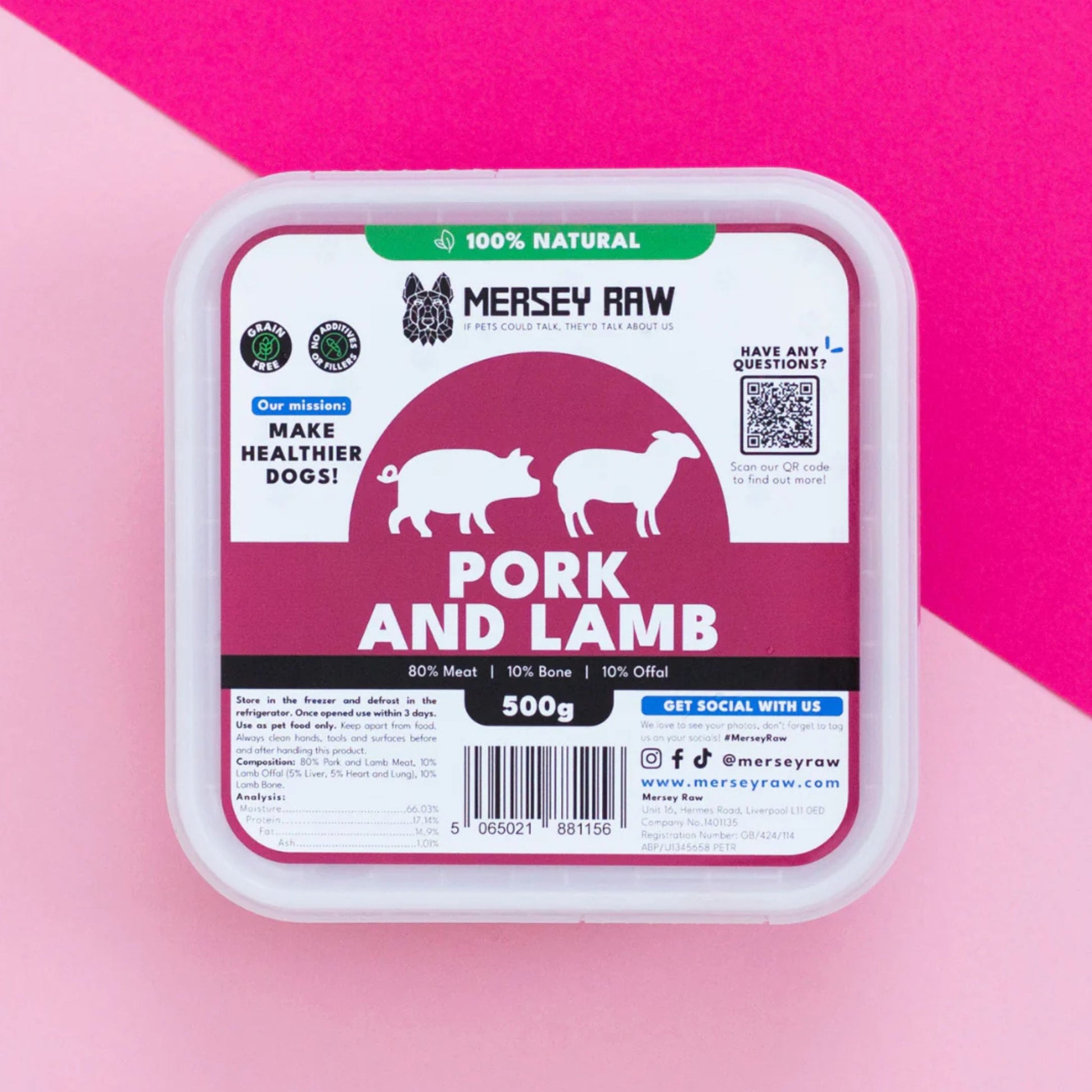 Mersey Raw Pork and Lamb dog food in a square white plastic tub, shown from above against a pink and light pink background.