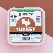 Mersey Raw Turkey dog food in a square white plastic tub with a clear lid, featuring a brown and white label with a turkey silhouette and product details.
