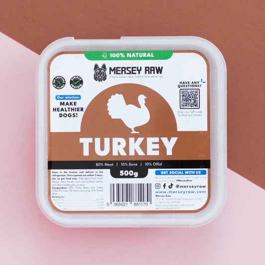 Mersey Raw Turkey dog food in a square white plastic tub with a clear lid, featuring a brown and white label with a turkey silhouette and product details.