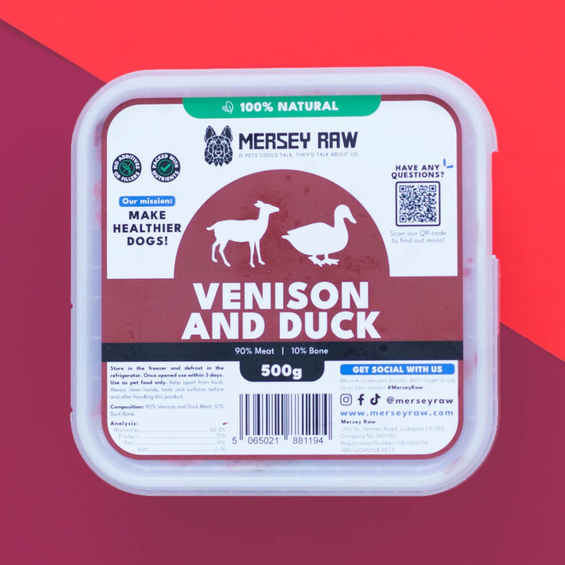 Mersey Raw Venison and Duck dog food in a clear plastic tub with a white lid, set against a red and magenta background.