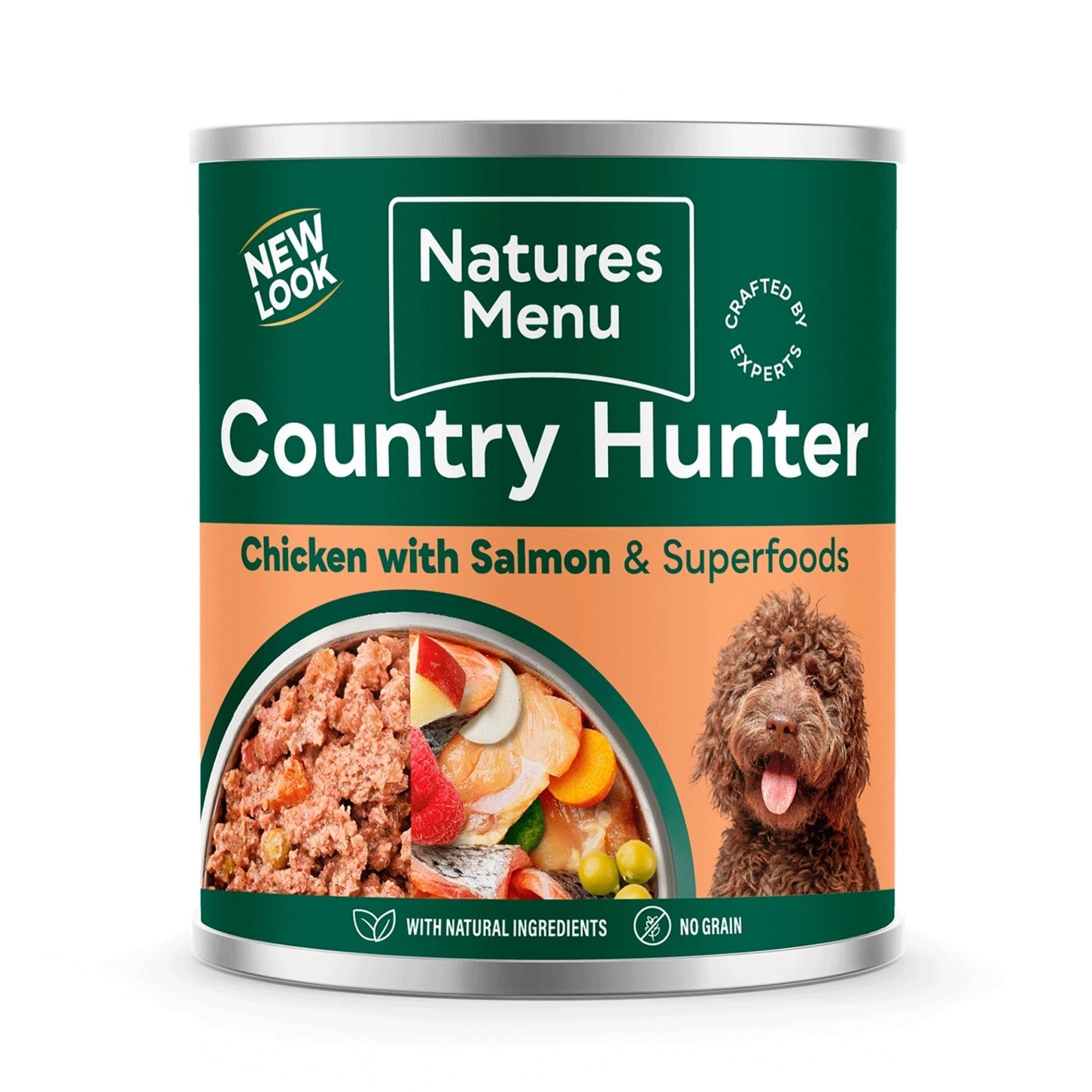 Can of Natures Menu Country Hunter dog food with a green label and image of a dog and food.