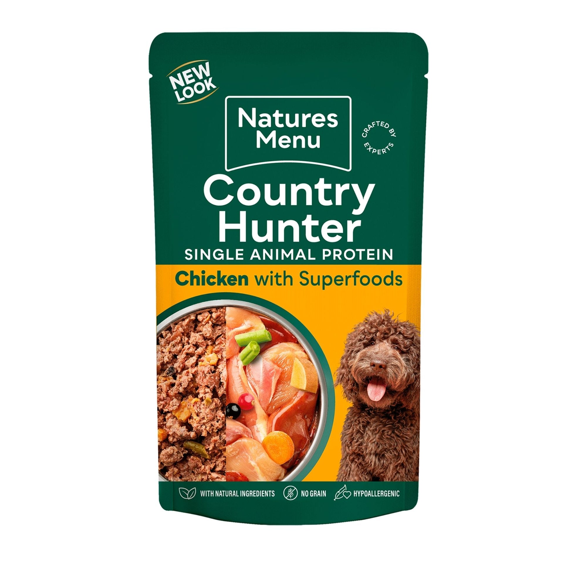 Natures Menu Country Hunter dog food package with chicken and superfoods on a white background