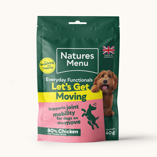 Natures Menu dog food package for joint mobility support on a white background