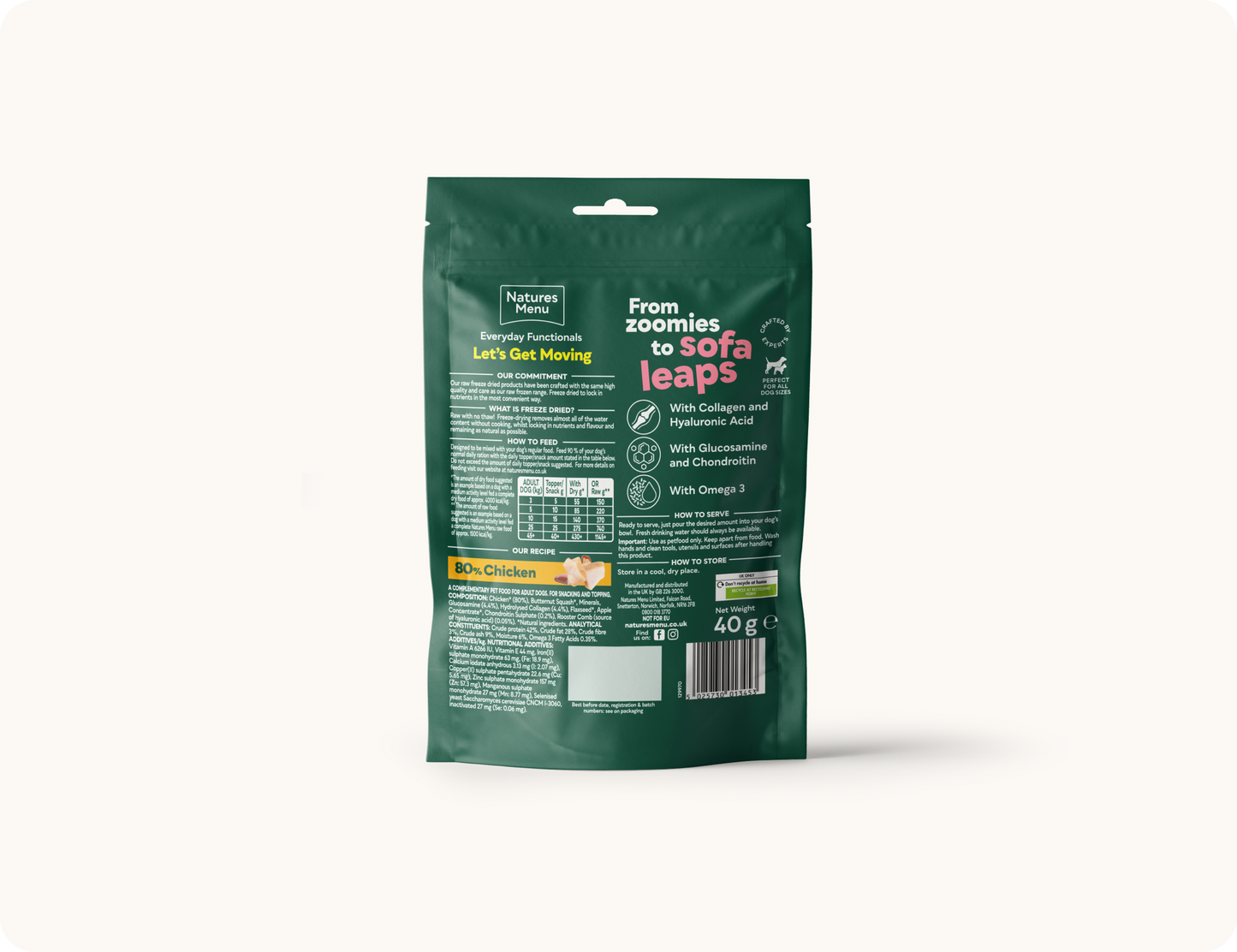 Green pet food packaging on a white background