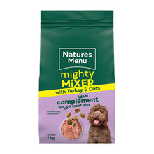 Natures Menu mighty mixer with turkey and oats for dogs on a white background