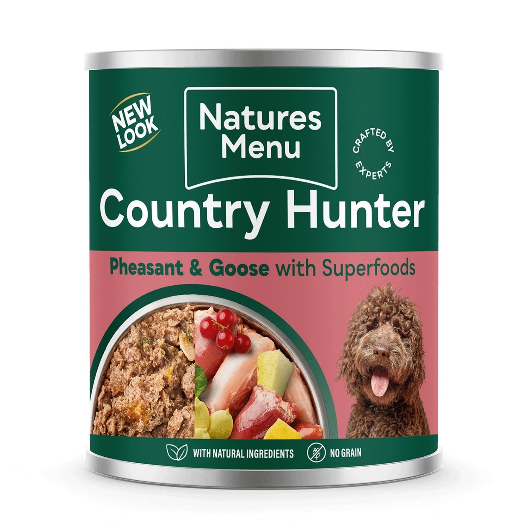Can of Natures Menu Country Hunter dog food with a green label and image of a dog.