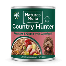 Can of Natures Menu Country Hunter dog food with a green label and image of a dog.