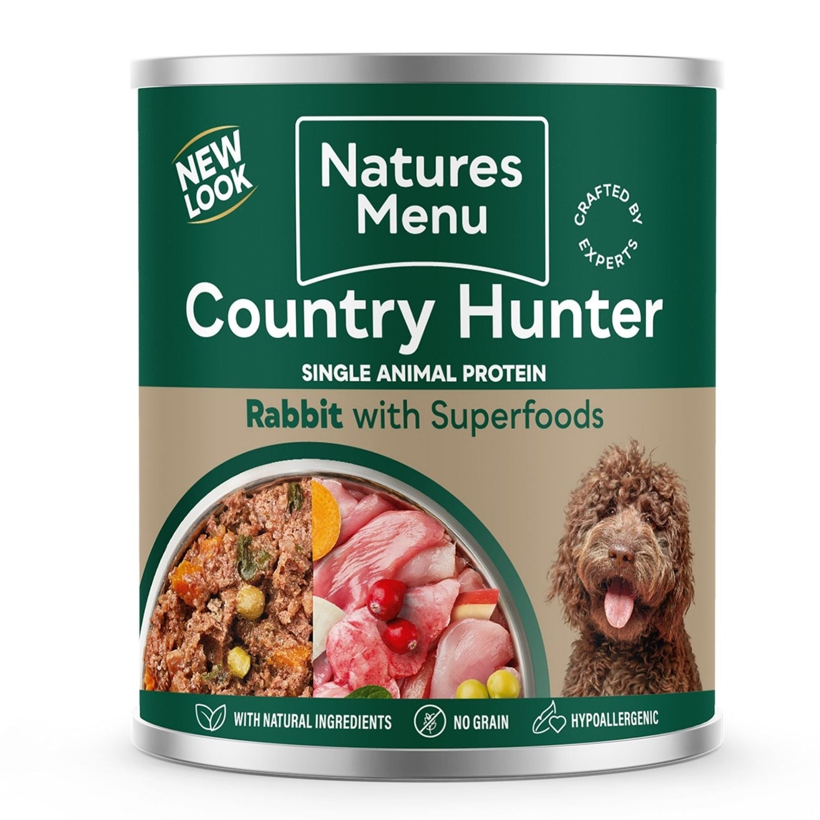 Can of Natures Menu Country Hunter dog food with green label and image of a dog on a white background