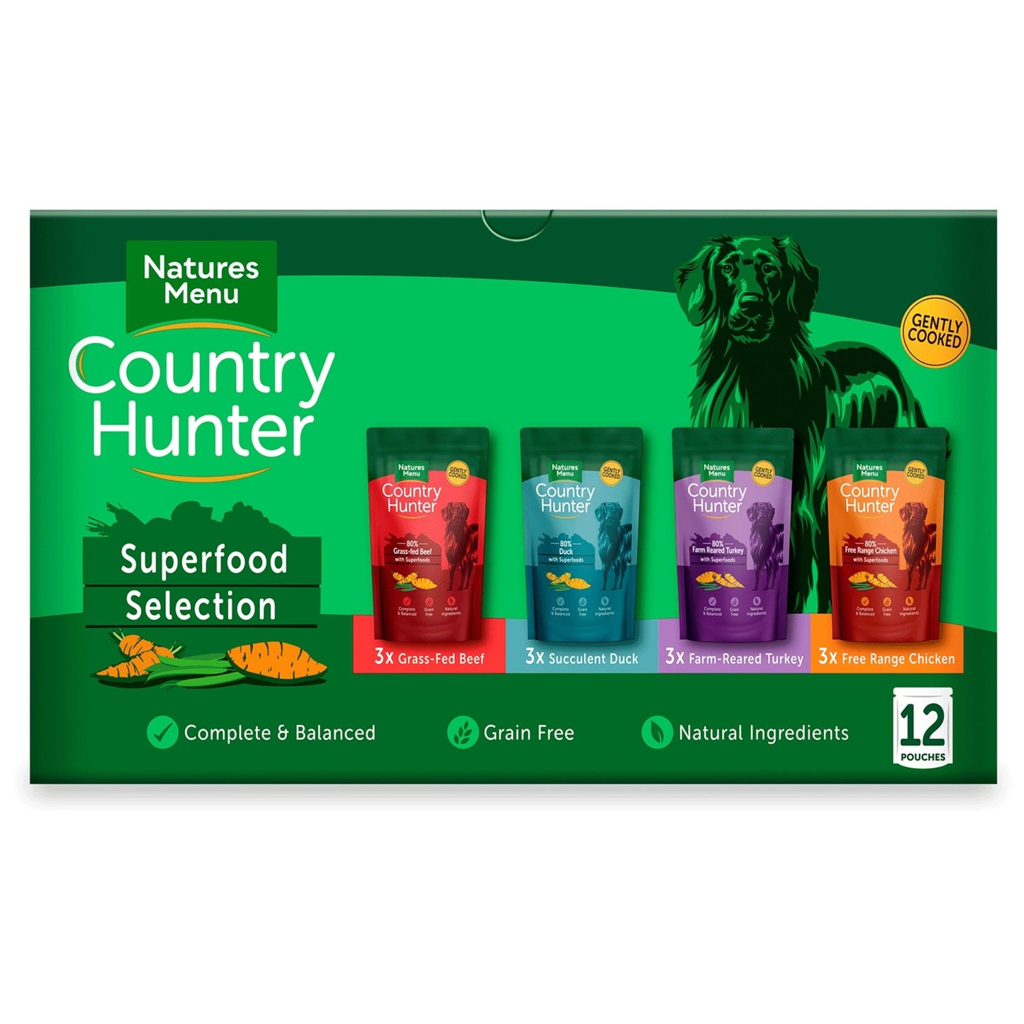 Natures Menu Country Hunter Superfood Selection packaging on a green background