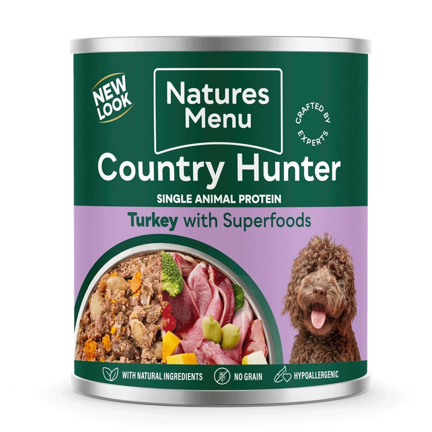 Natures Menu Country Hunter can for dogs with turkey and superfoods on a white background
