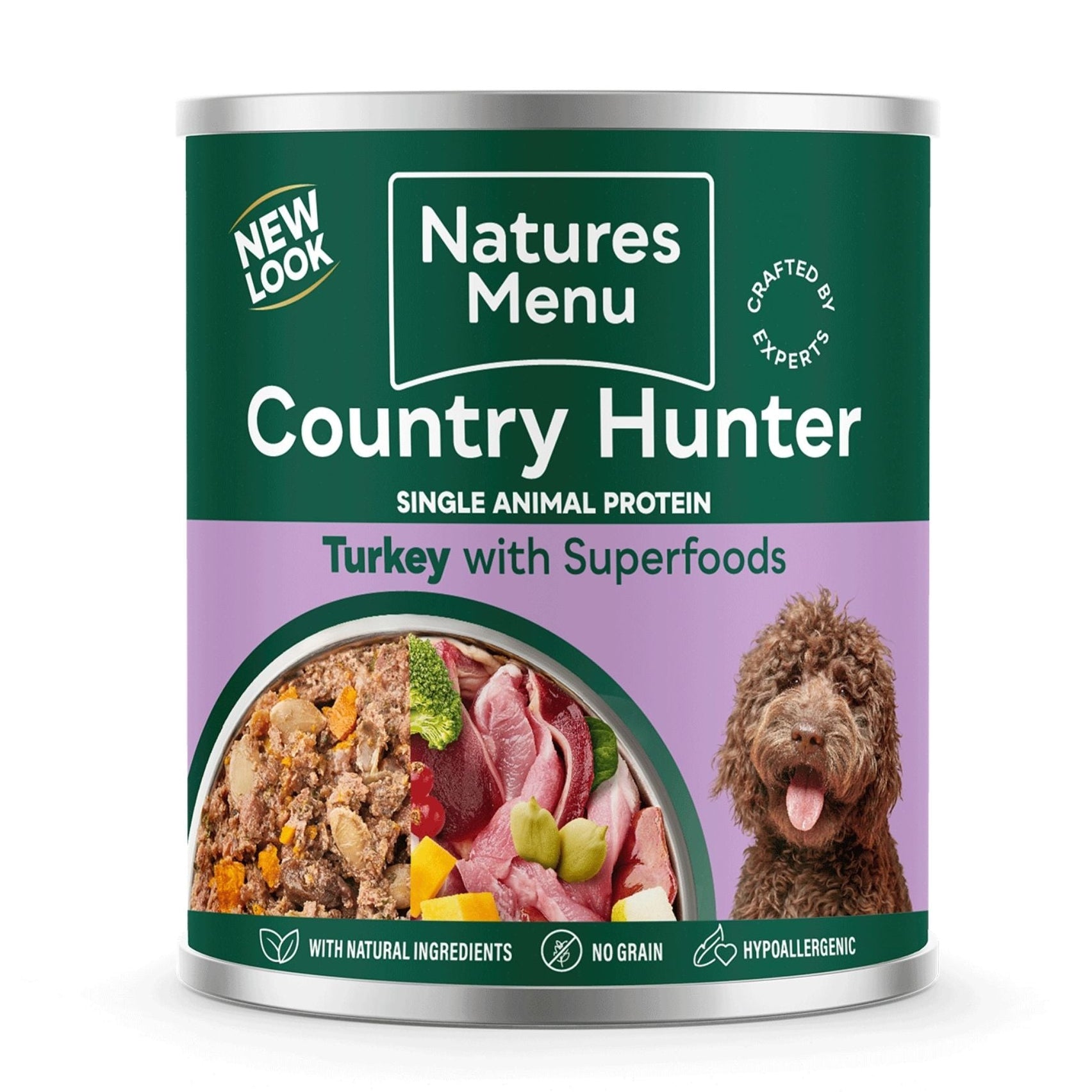 Natures Menu Country Hunter can for dogs with turkey and superfoods on a white background