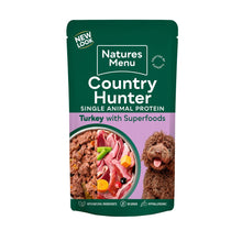 Natures Menu Country Hunter dog food package with a green and purple design on a white background