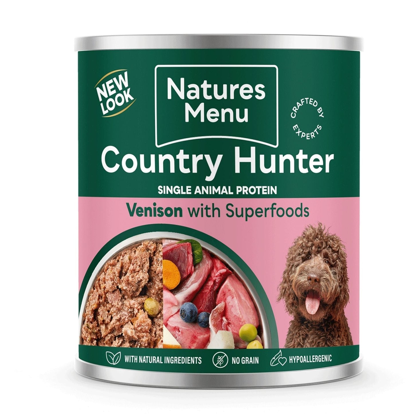 Can of Natures Menu Country Hunter dog food with a green label and pink background.