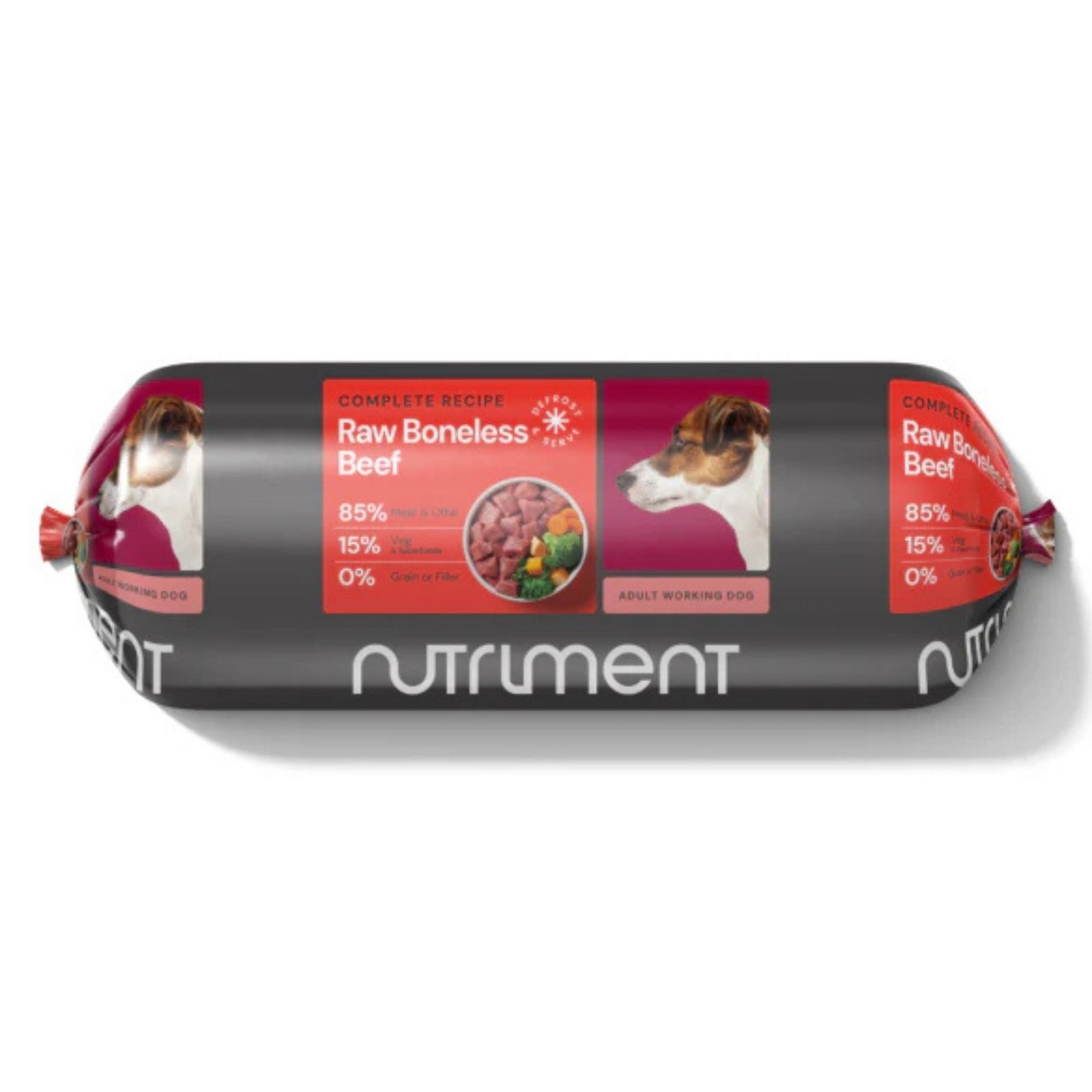 Dog food roll with Nutriment branding on a white background