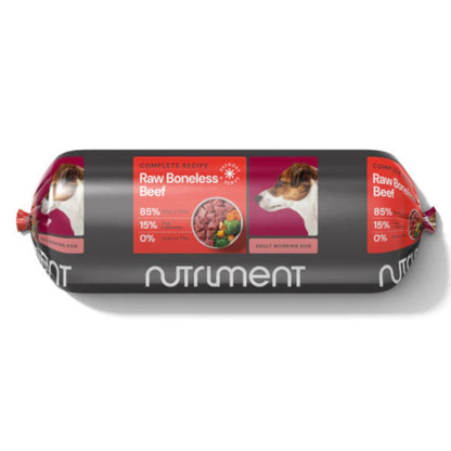 Dog food roll with Nutriment branding on a white background