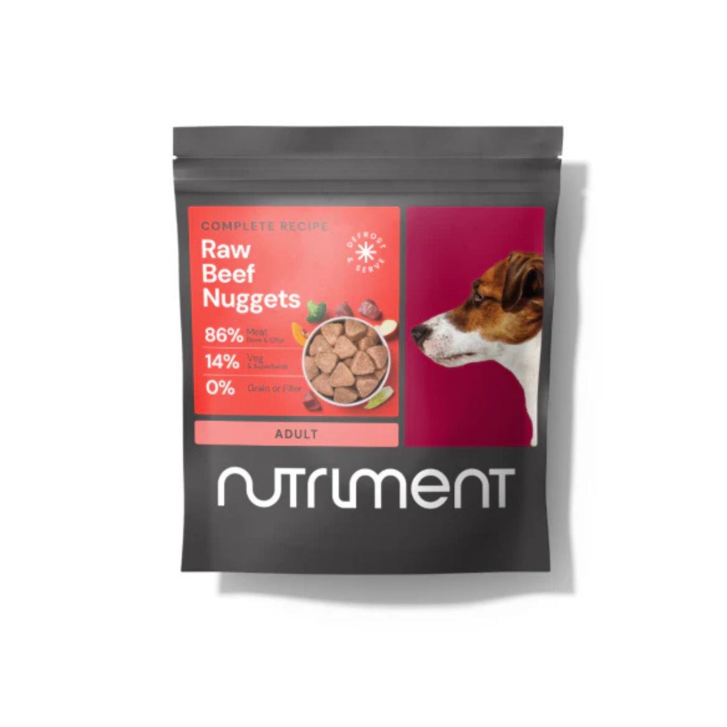 Package of Nutlument Raw Beef Nuggets for dogs on a white background
