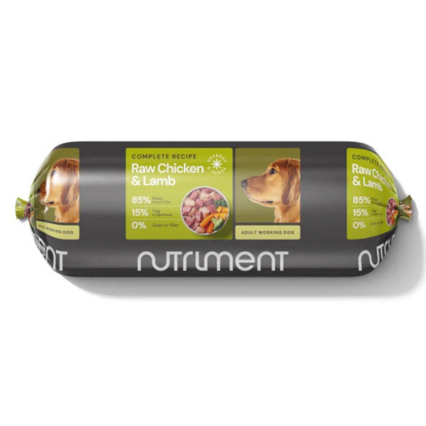 Dog food roll with Nutriment branding on a white background