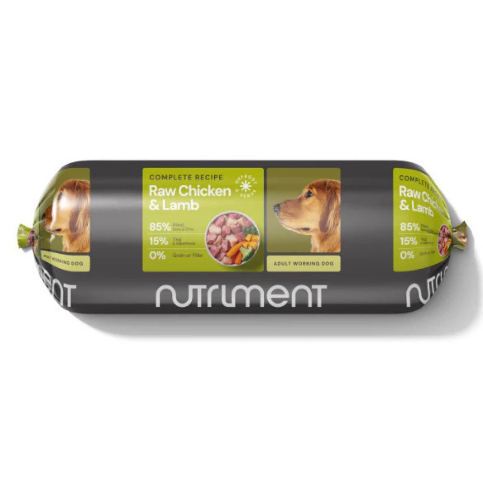 Dog food roll with Nutriment branding on a white background