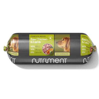 Dog food roll with Nutriment branding on a white background