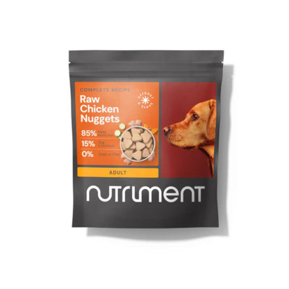 Package of Nutriment Raw Chicken Nuggets for dogs on a white background