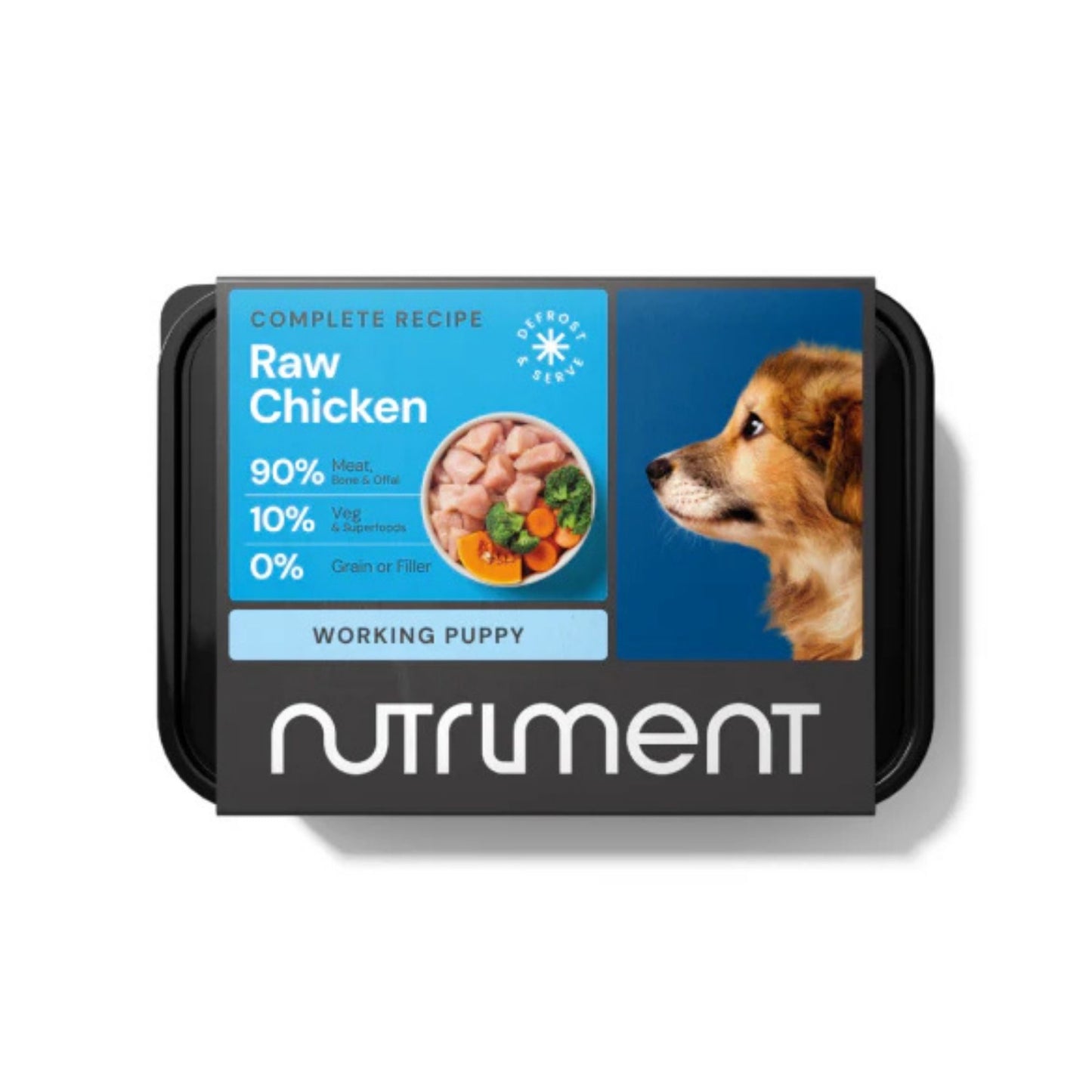 Dog food package with Nutriment branding and a puppy image on a white background