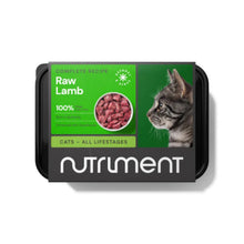 Packaged raw lamb cat food with Nutriment branding on a white background