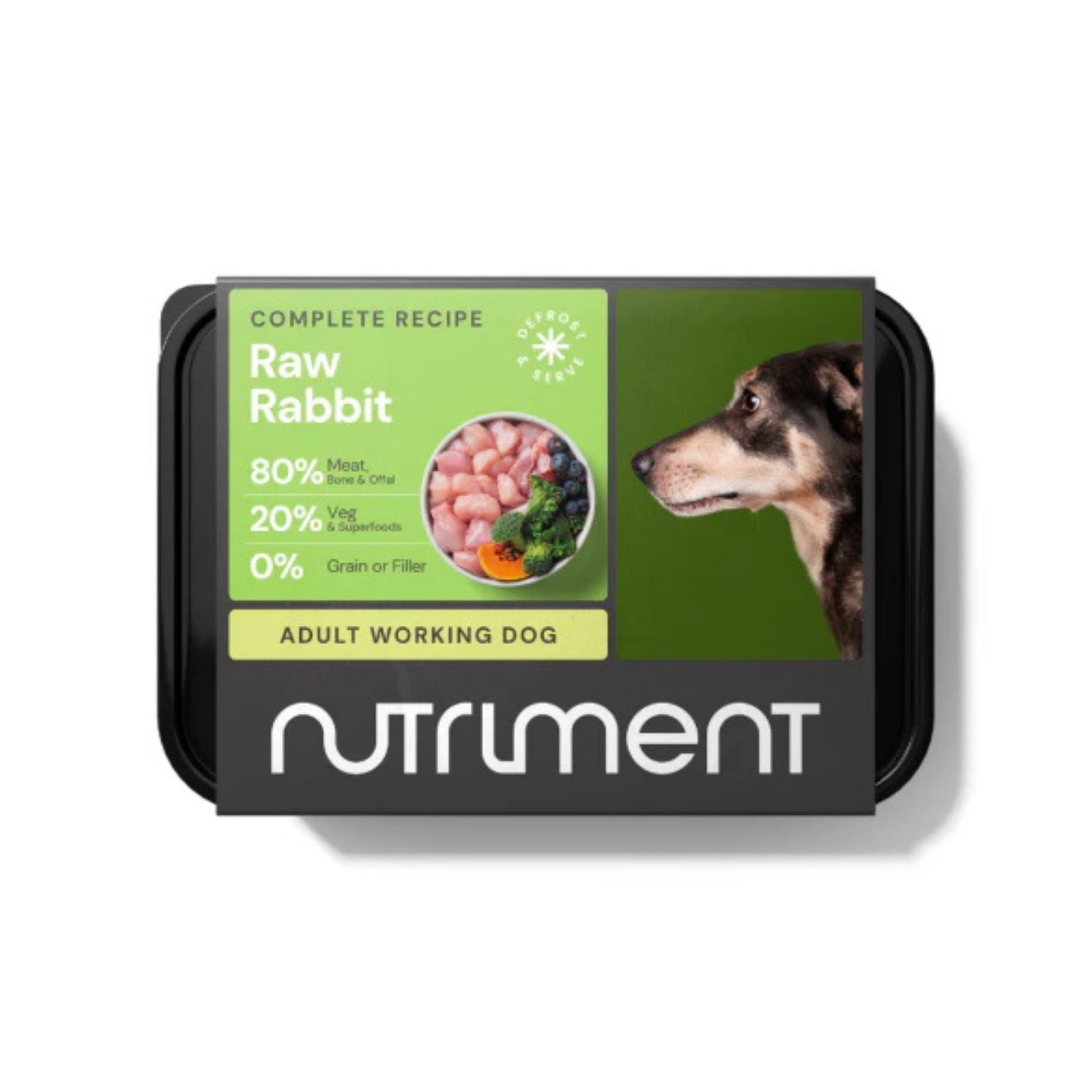 Dog food package with Nutriment branding and a green label on a white background