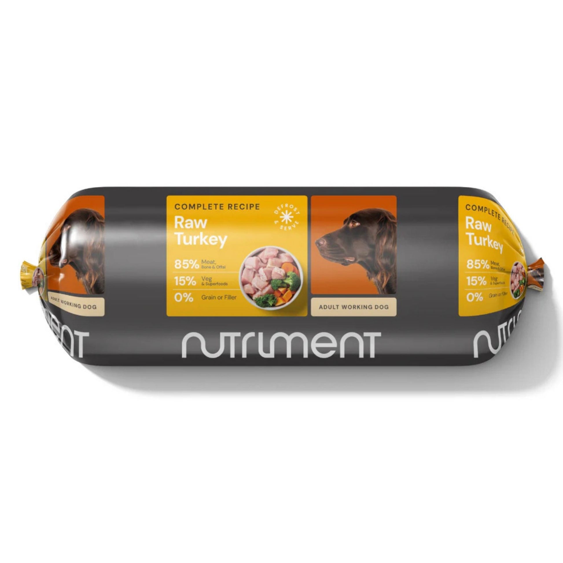 Dog food roll with Nutriment branding on a white background