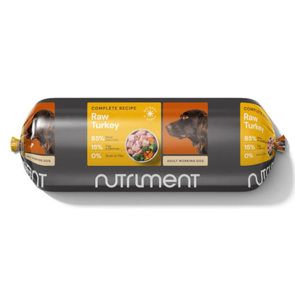 Dog food roll with Nutriment branding on a white background
