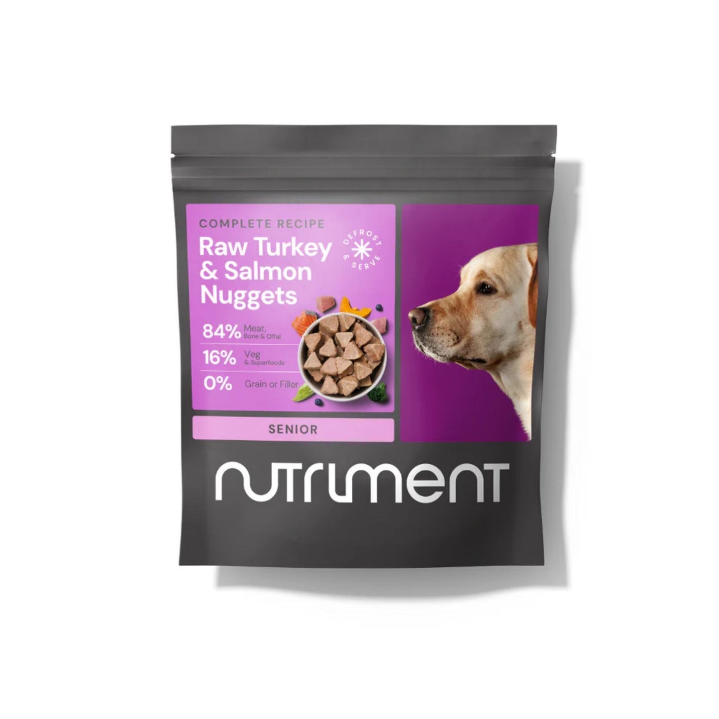 Package of Nutlument Raw Turkey & Salmon Nuggets for senior dogs on a white background