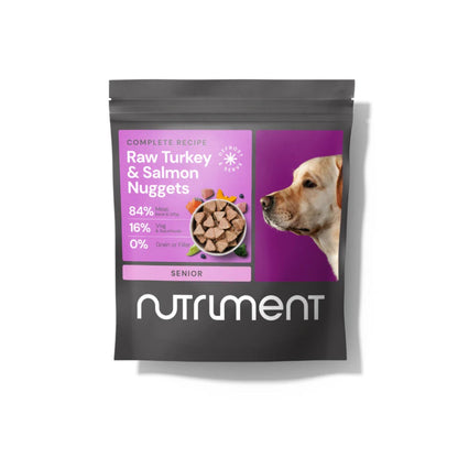 Package of Nutlument Raw Turkey & Salmon Nuggets for senior dogs on a white background