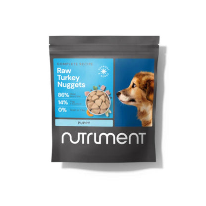 Package of Nutriment Raw Turkey Nuggets for puppies on a white background