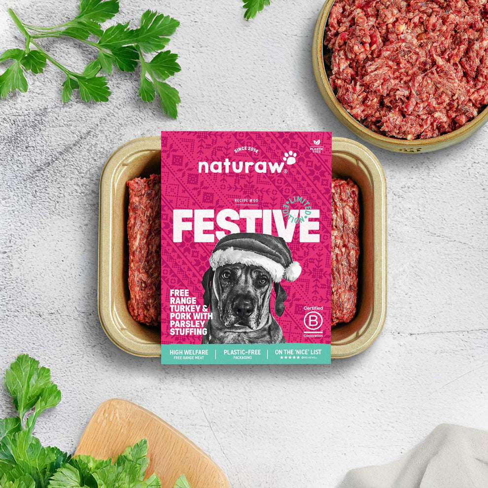 Naturaw festive dog food package with minced meat and parsley on a light background