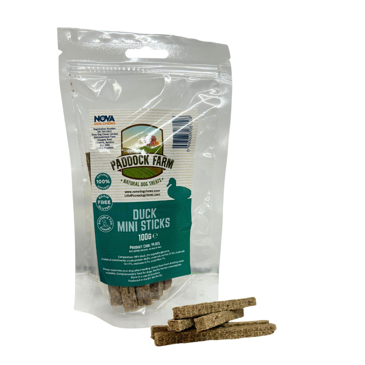 A clear stand-up pouch of NOVA Paddock Farm Duck Mini Sticks dog treats, with several brown rectangular sticks placed in front on a white background.