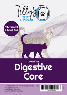Cat food package for sterilised and adult cats with Tilly's Treat Cupboard branding.