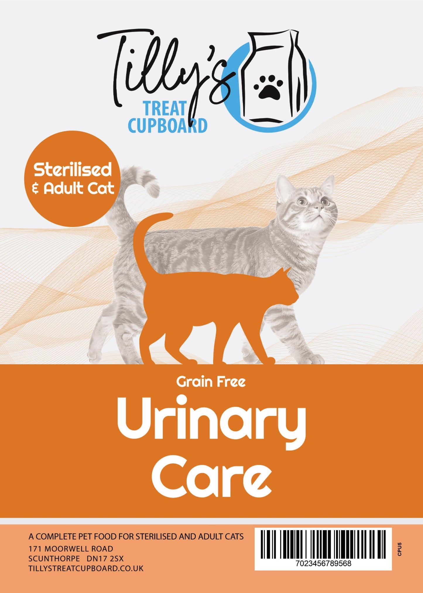 Tilly's Treat Cupboard cat food package for sterilised and adult cats with urinary care on an orange background.