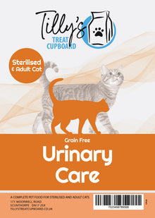 Tilly's Treat Cupboard cat food package for sterilised and adult cats with urinary care on an orange background.