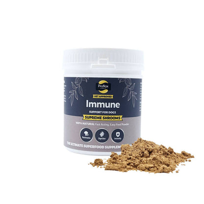 A white plastic tub of Profax Immune Supreme Shroom supplement powder for dogs, shown with a small pile of the brown powder in front on a white background.
