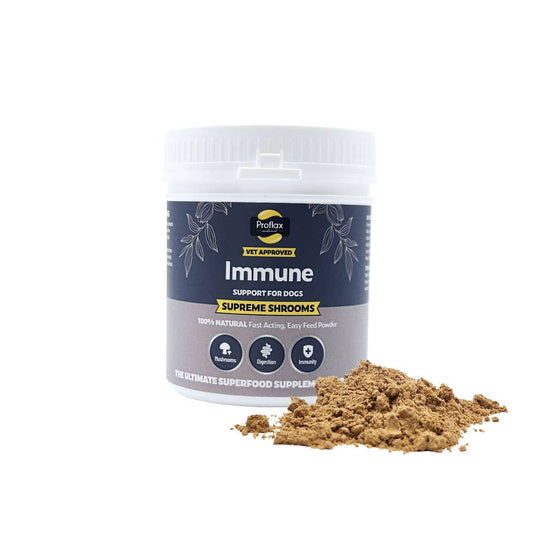 A white plastic tub of Profax Immune Supreme Shroom supplement powder for dogs, shown with a small pile of the brown powder in front on a white background.
