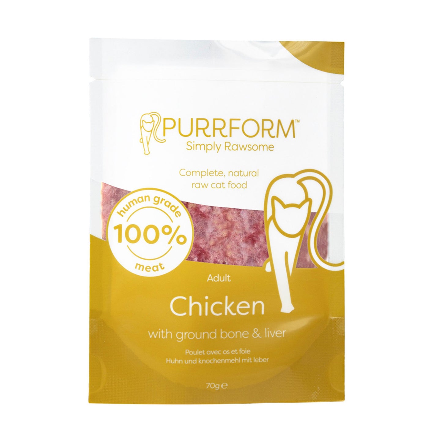 A 70g pouch of PURRFORM Simply Rawsome Adult Chicken cat food, featuring a white and gold design with a clear window showing the raw meat inside.