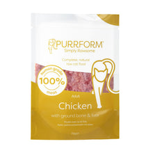 A 70g pouch of PURRFORM Simply Rawsome Adult Chicken cat food, featuring a white and gold design with a clear window showing the raw meat inside.