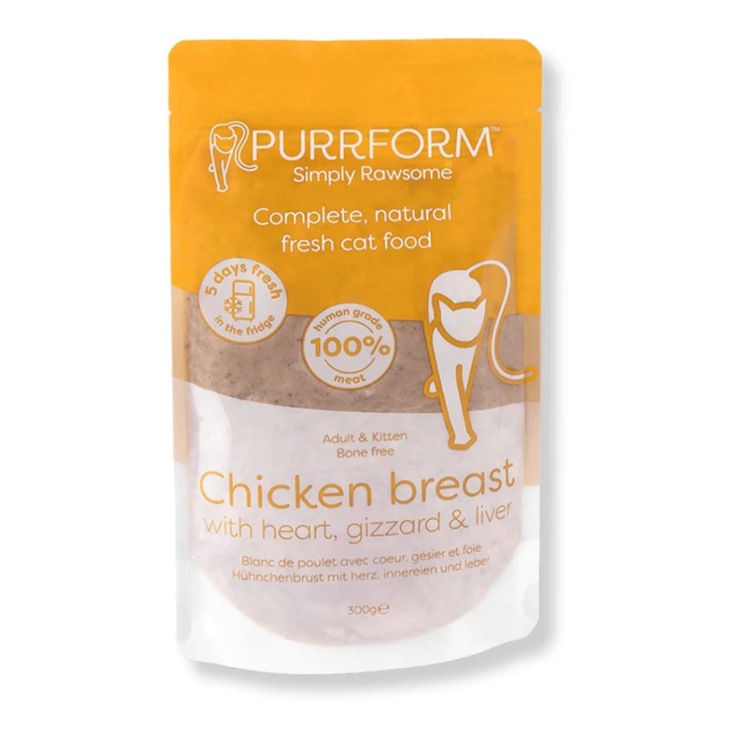 A 300g stand-up pouch of Purrform Simply Rawsome Chicken breast cat food, featuring a bright orange top half and a white bottom half with product details and a cat silhouette.