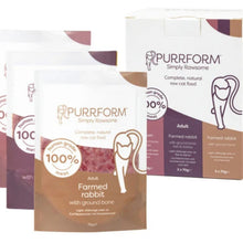 Purrform Simply Rawsome adult farmed rabbit with ground bone cat food packaging, showing two individual pouches in front of a matching box on a plain white background.