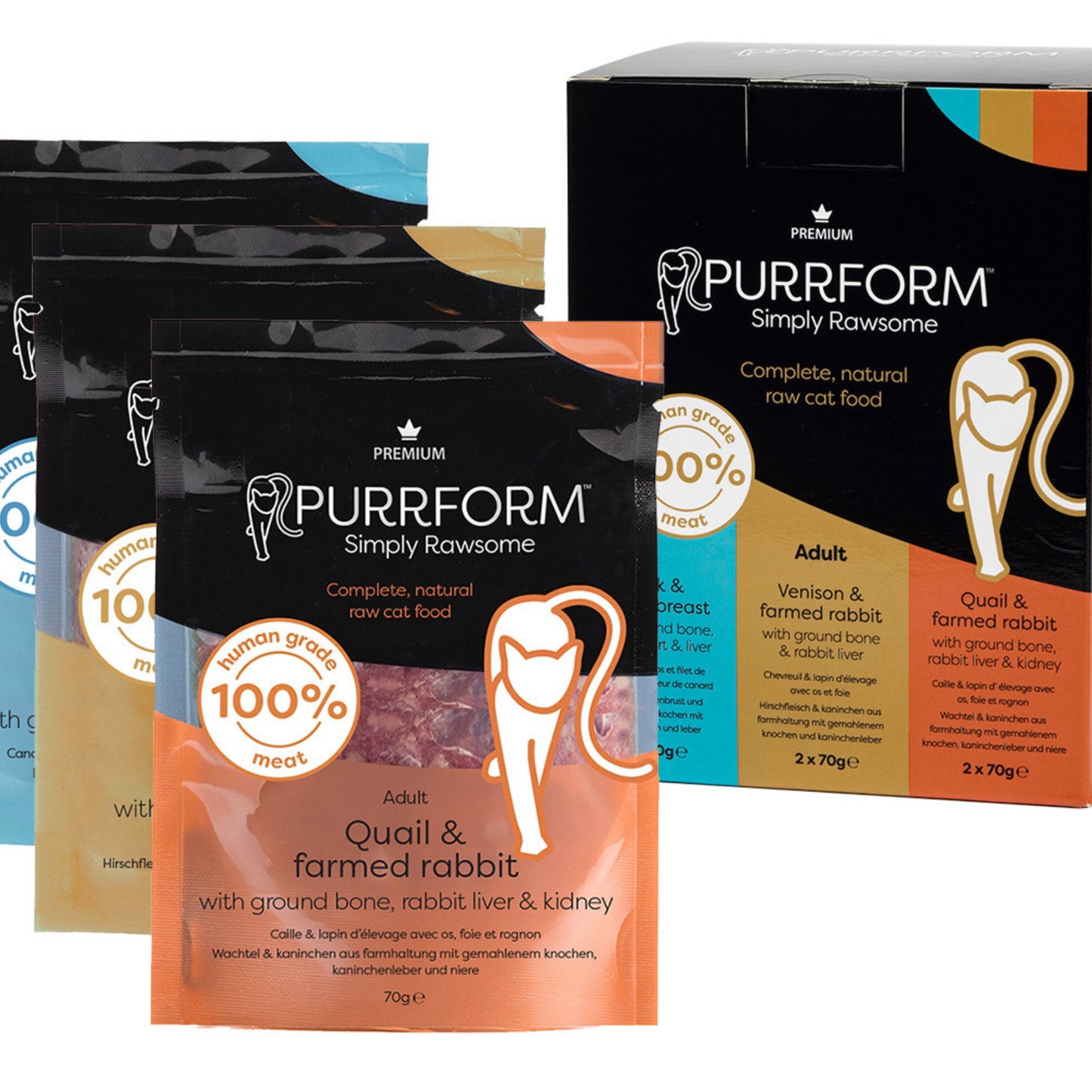 Purrform Simply Rawsome premium cat food packaging, featuring a box and multiple individual pouches for adult cat food, including Quail & farmed rabbit, shown on a clean white background.