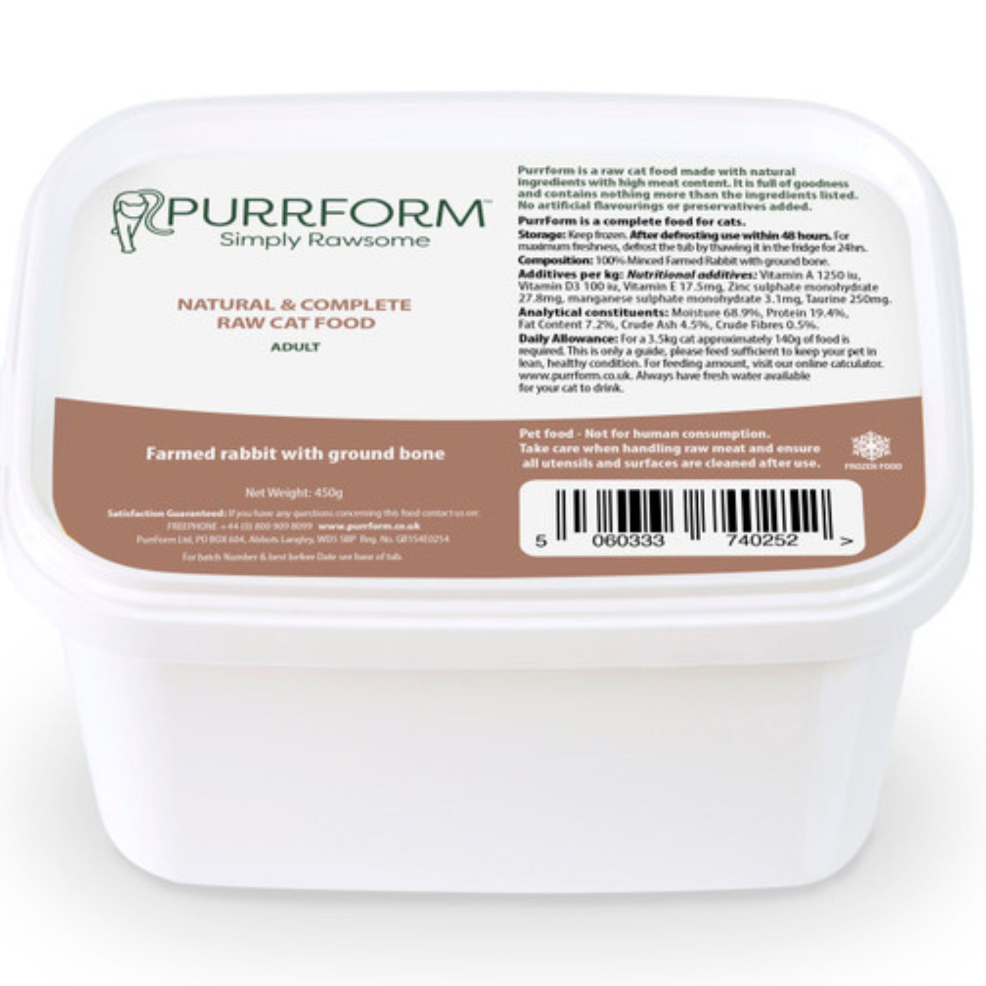 A 450g tub of Purrform Simply Rawsome Adult Raw Cat Food, featuring a white plastic container with a brown and white label.
