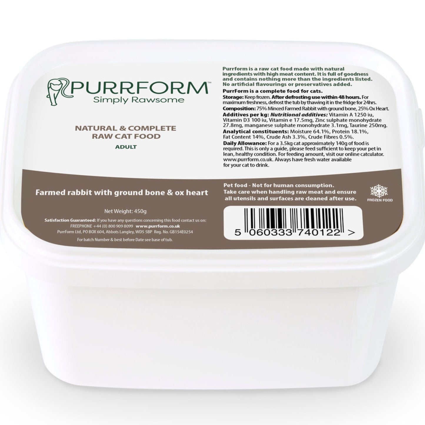A white plastic tub of Purrform Simply Rawsome Adult Natural & Complete Raw Cat Food, featuring a brown and white label with product details and a barcode.