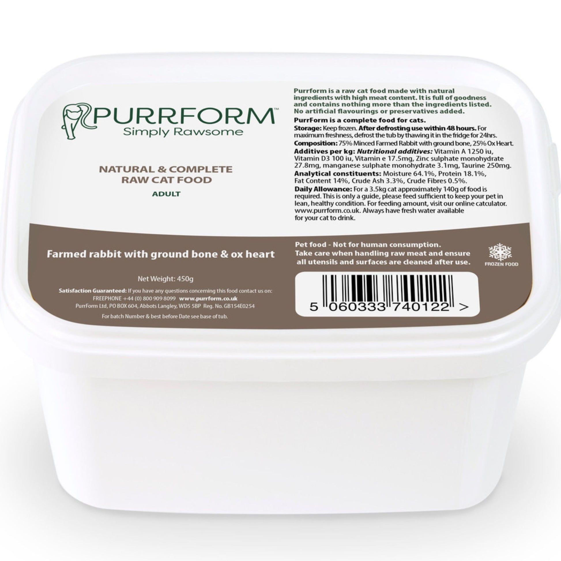 A white plastic tub of Purrform Simply Rawsome Adult Natural & Complete Raw Cat Food, featuring a brown and white label with product details and a barcode.