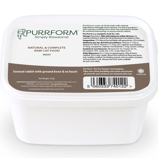 A white plastic tub of Purrform Simply Rawsome Adult Natural & Complete Raw Cat Food, featuring a brown and white label with product details and a barcode.